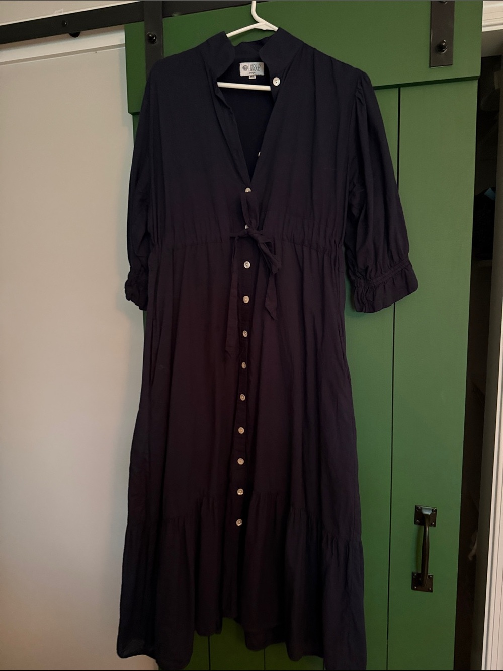 Holly Shae Navy Button-Front Tie-Waist Maxi Dress
